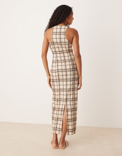 ASOS DESIGN square neck maxi dress in stone plaid