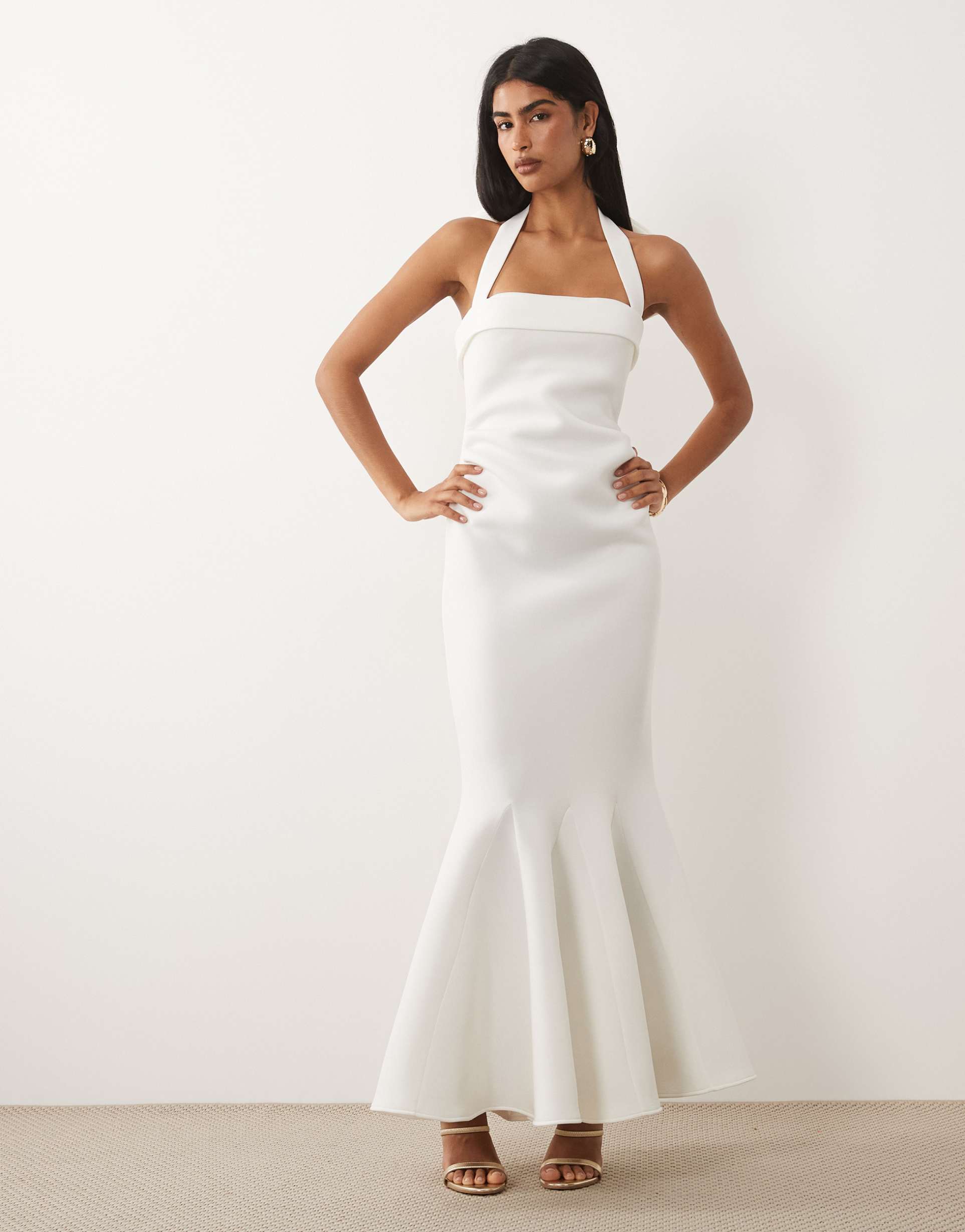 asos design square neck maxi dress with bow back in white scuba-style fabric