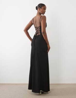 Asos Design Square Neck Maxi Dress With Open Lace Up Back In Black