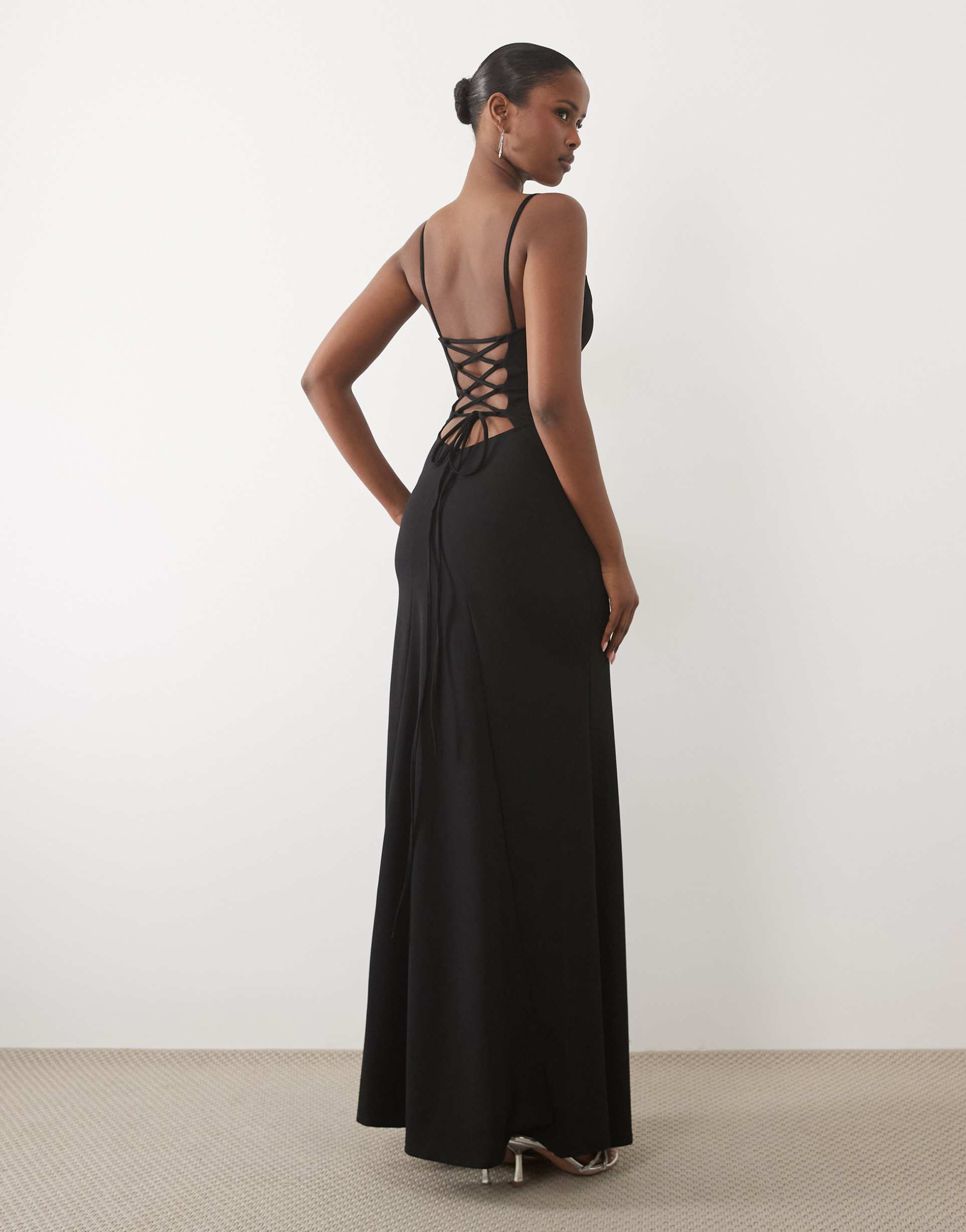 asos design square neck maxi dress with open lace up back in black