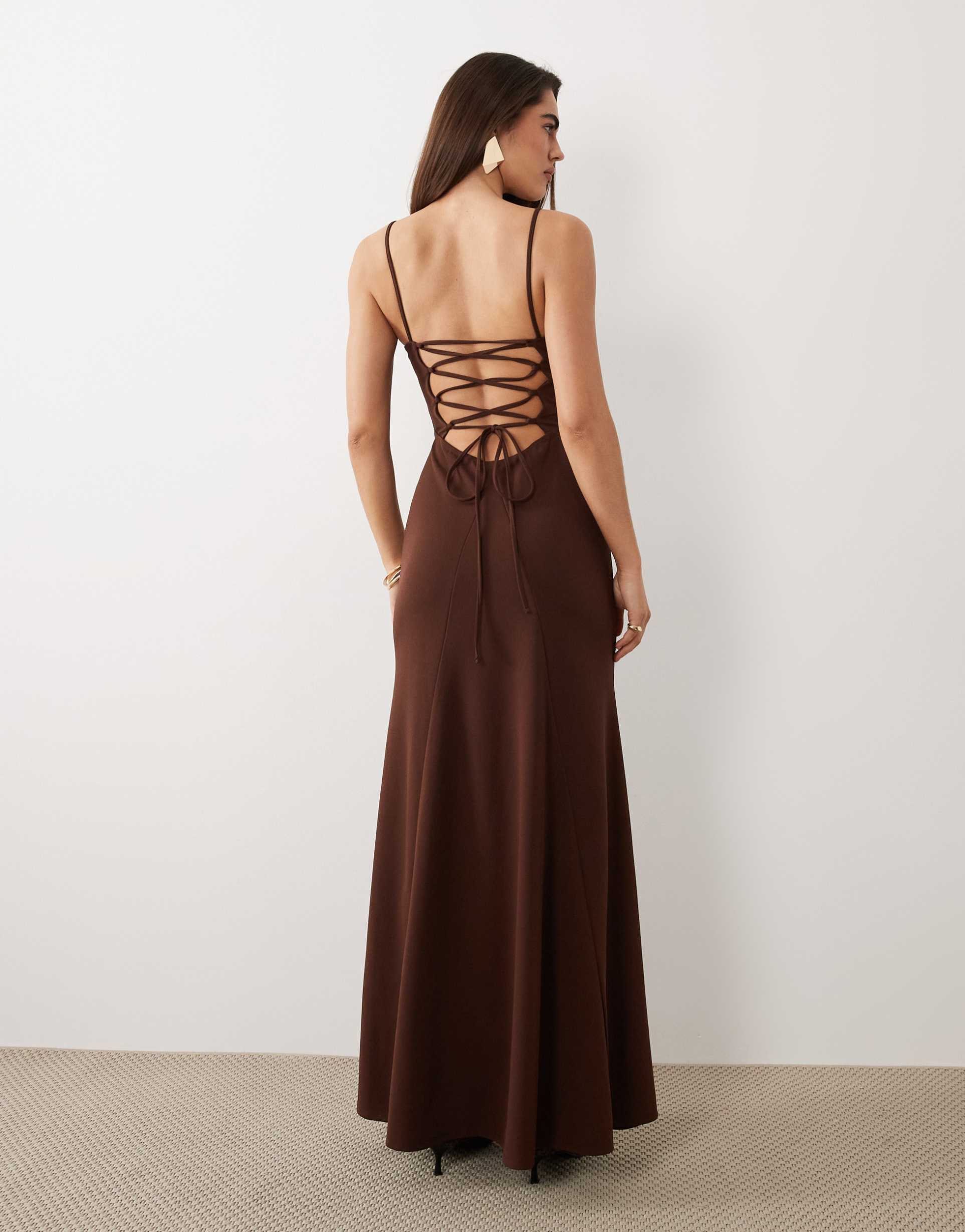 asos design square neck maxi dress with open lace up back in chocolate