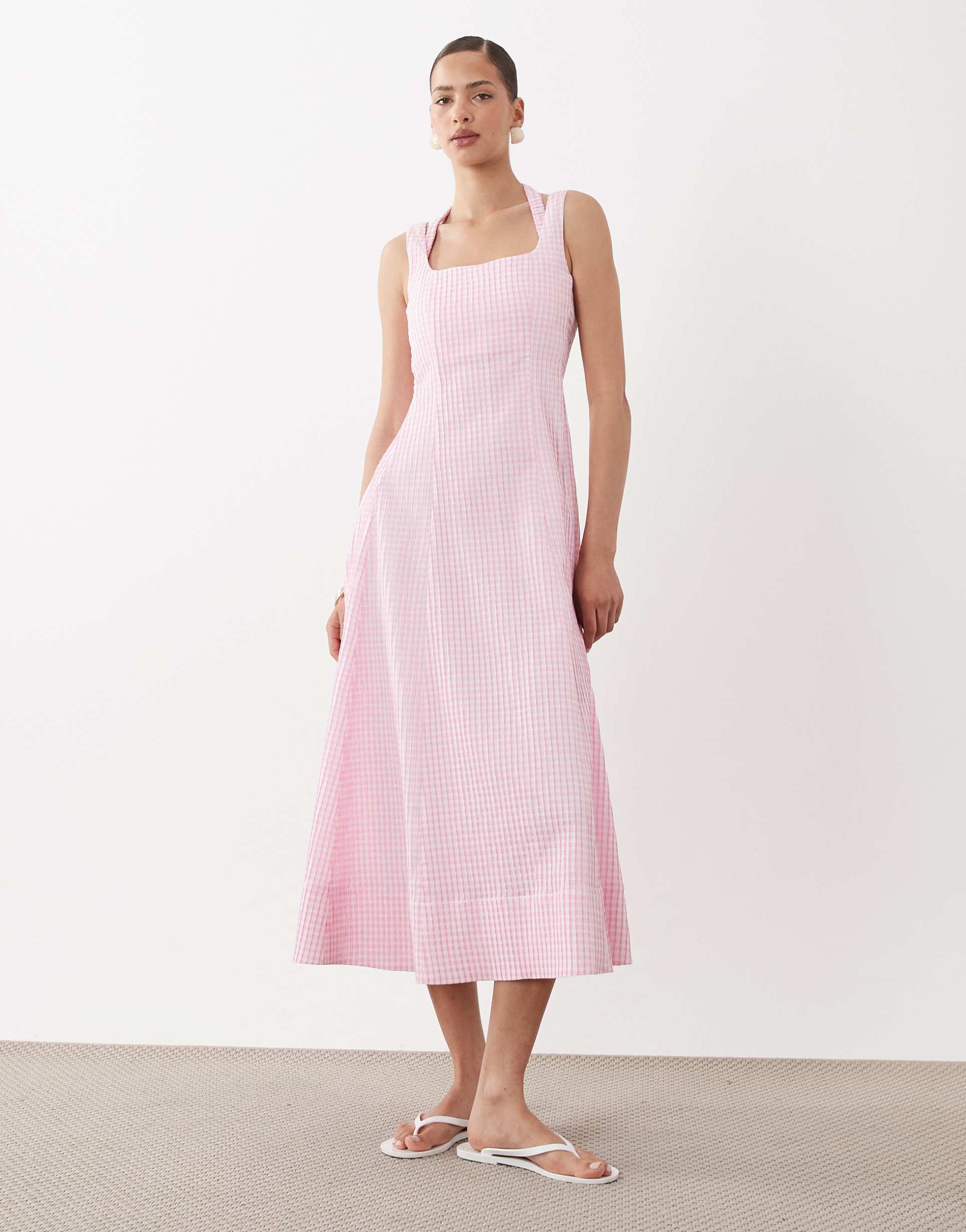 asos design square neck maxi sundress with peekaboo bust in pink gingham
