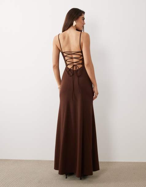 ASOS DESIGN square neck maxi with open lace up back in chocolate - view 1