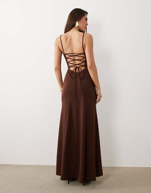 ASOS DESIGN square neck maxi with open lace up back in chocolate