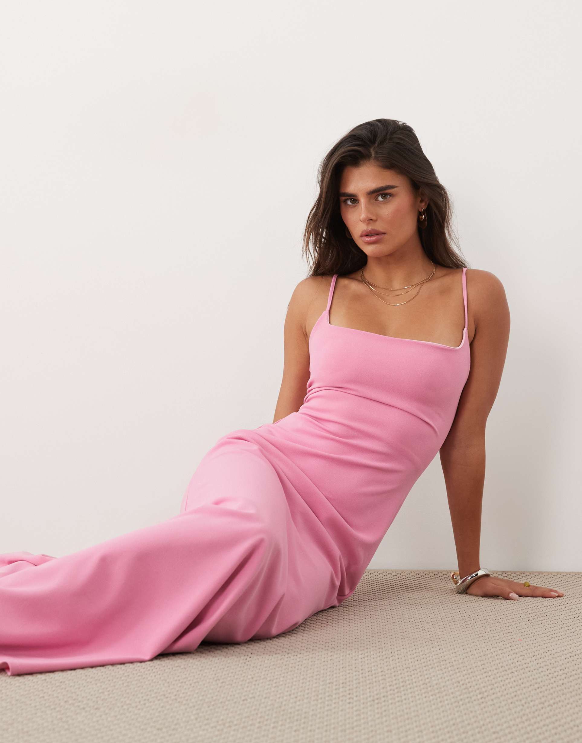 asos design square neck maxi with open lace-up back in pink