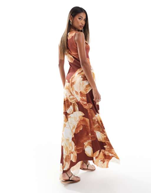 knee length dresses for ladies Rust Floral Long Sleeve Printed Midi Dress main image 1