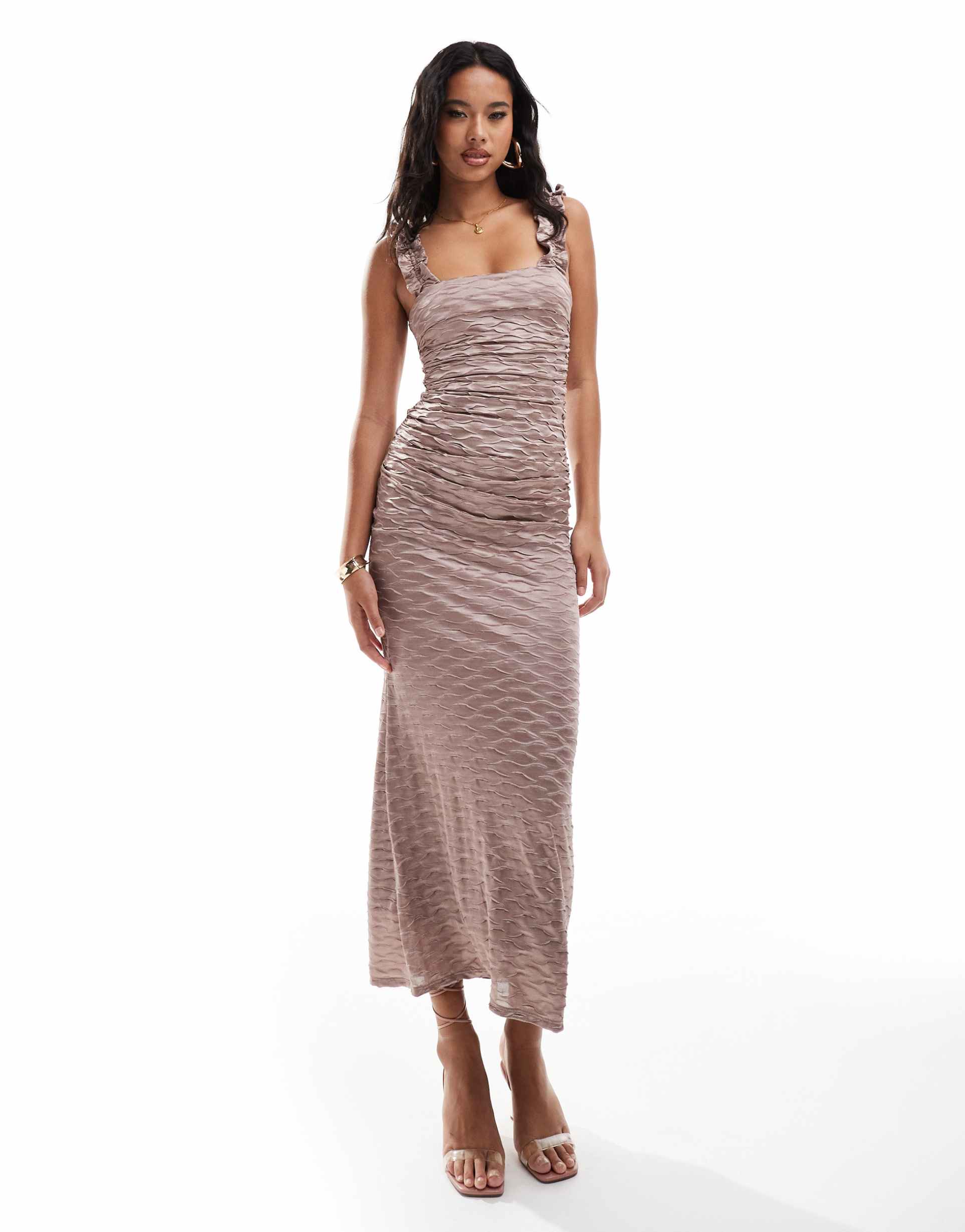 asos design square neck metallic plisse midi dress with ruched straps in blush