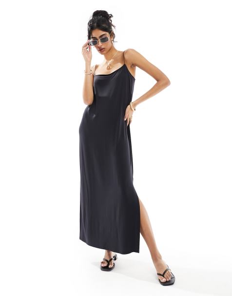 Luxury Square Neck Spaghetti Strap Satin Slip Midi Dress - Black – Luxedress