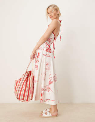 ASOS DESIGN square neck midaxi dress with rope trim in red floral print | ASOS