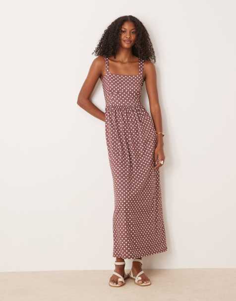ASOS DESIGN square neck midi dress in brown polka dot - view 1