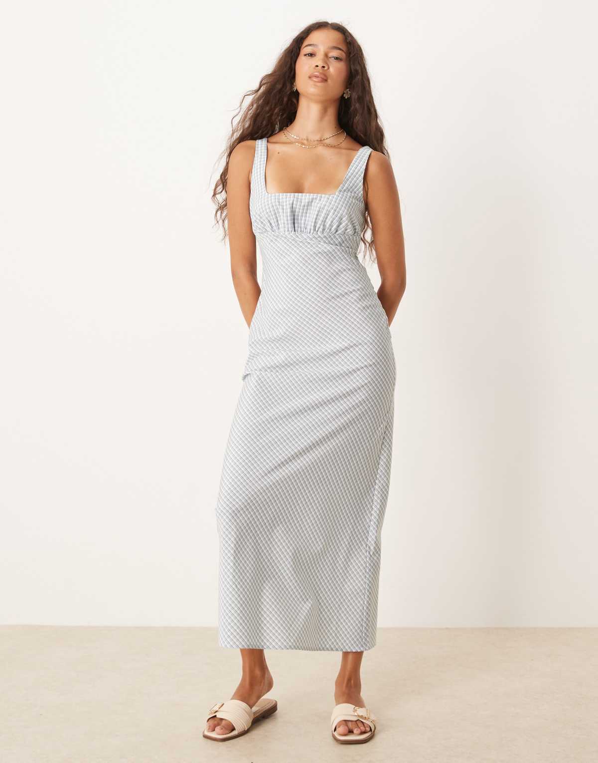 ASOS DESIGN square neck midi dress in green check