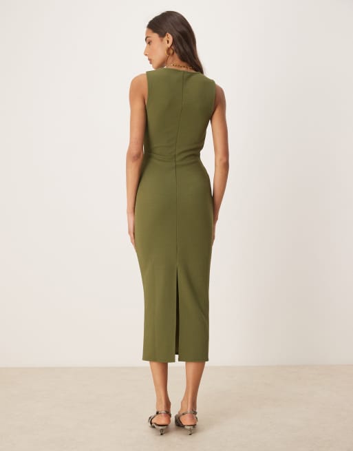 ASOS DESIGN square neck midi dress in khaki green