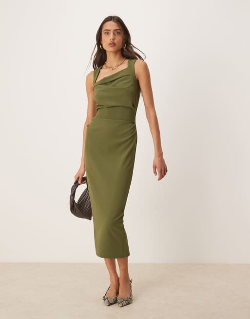 ASOS DESIGN square neck midi dress in khaki green