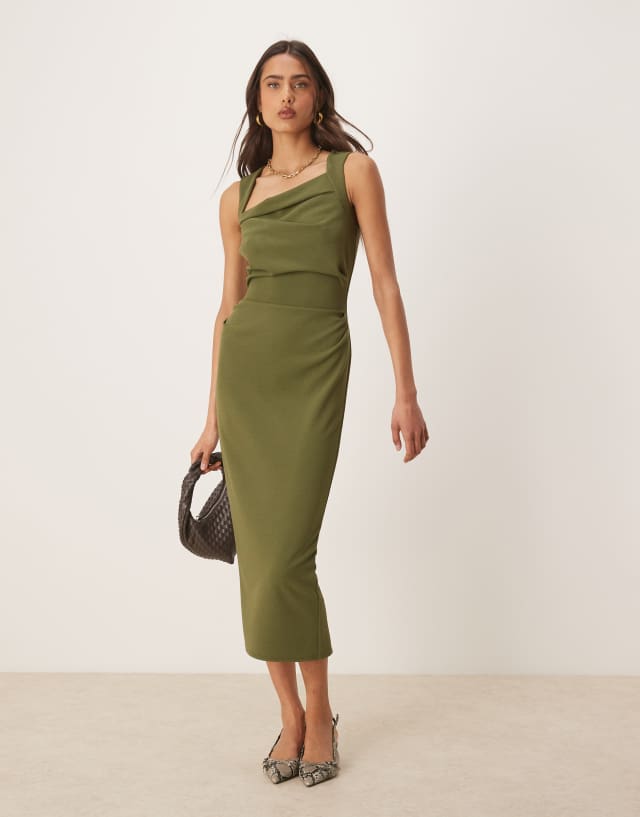 khaki green summer dress ASOS Design Square Neck Midi in SLIPDRESSES