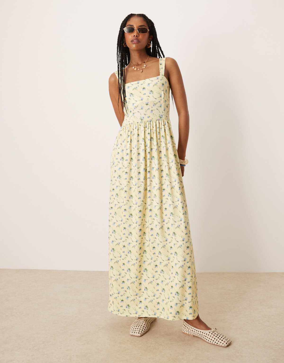 ASOS DESIGN square neck midi dress in yellow ditsy print