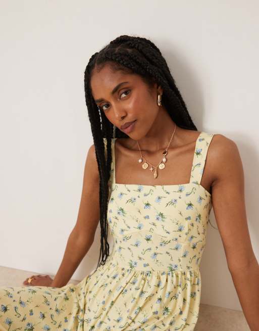 asos yellow midi dress ASOS Design Ruffle Wrap Detail Pleated Midi Dress in lemon yellow-Multi