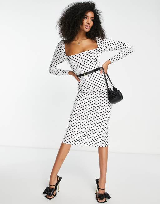 ASOS DESIGN square neck midi dress with belt in mono polka dot