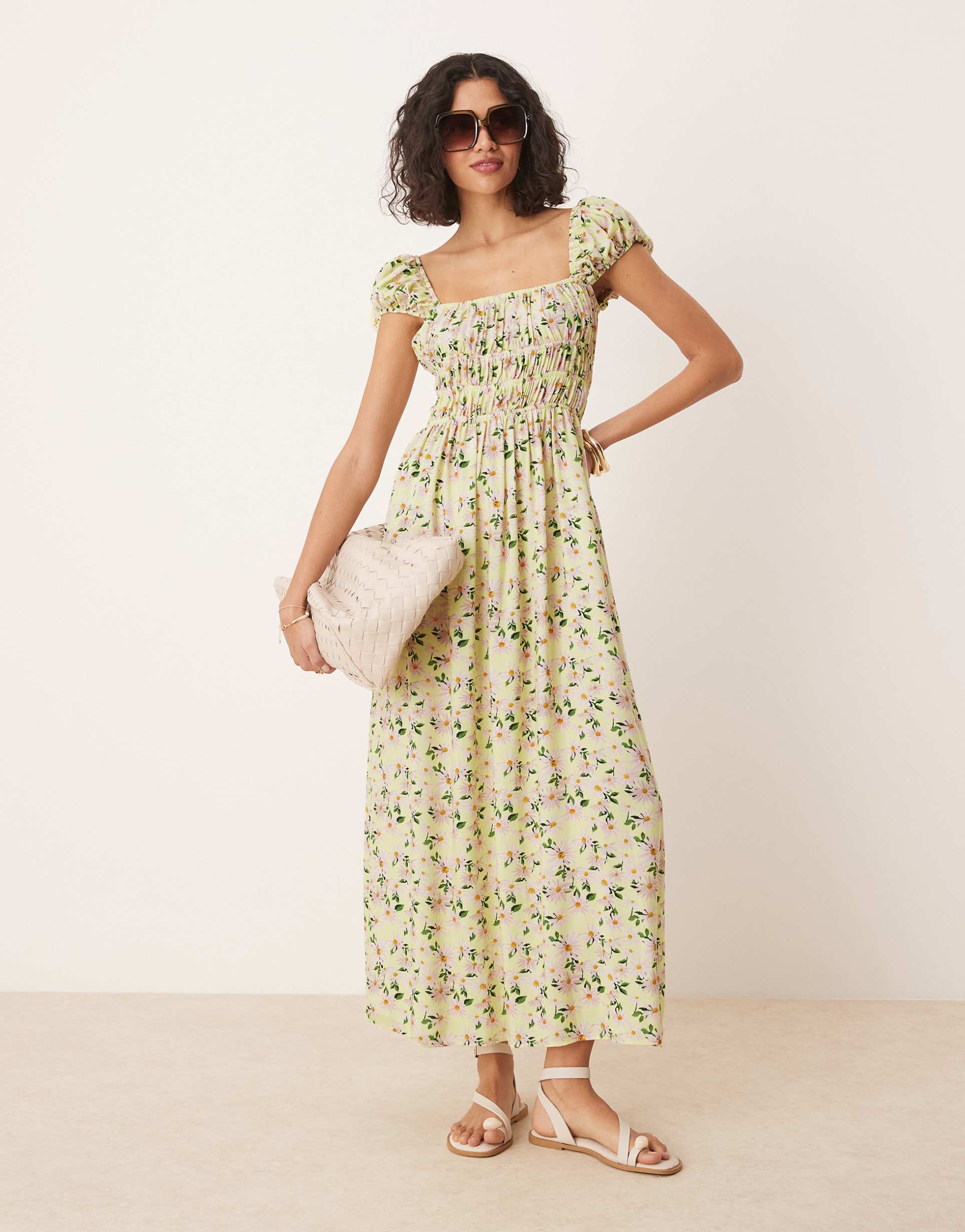 asos design square neck midi dress with cinched channel waist in floral print