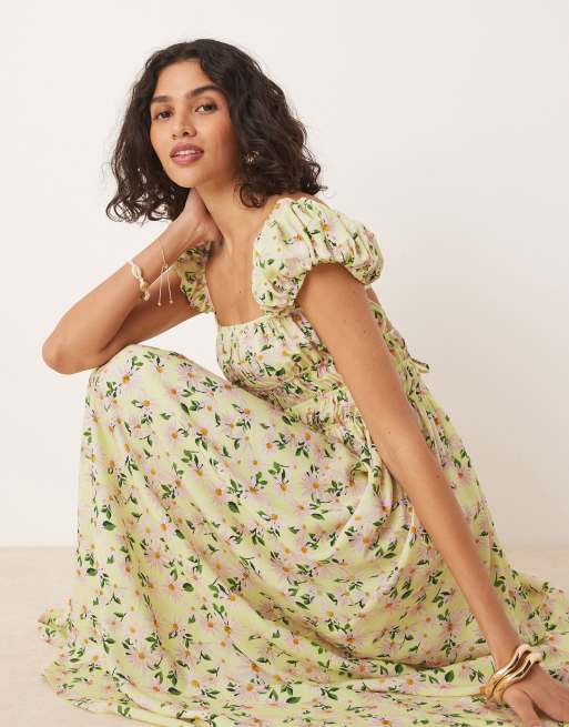 ASOS DESIGN square neck midi dress with cinched channel waist in floral print