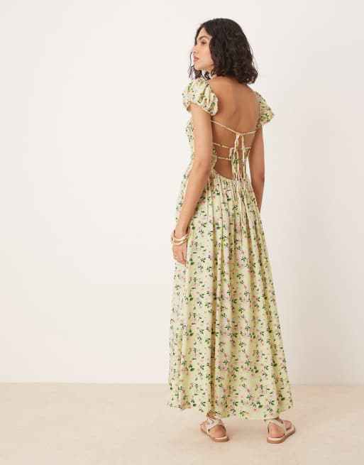ASOS DESIGN square neck midi dress with cinched channel waist in floral print
