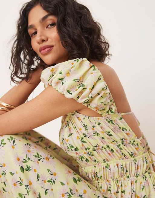ASOS DESIGN square neck midi dress with cinched channel waist in floral print