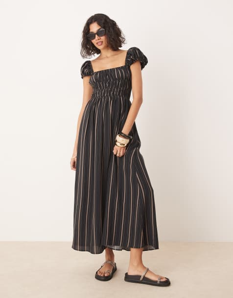ASOS DESIGN square neck midi dress with cinched channel waist in stripe - view 1
