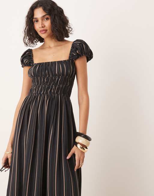 ASOS DESIGN square neck midi dress with cinched channel waist in stripe