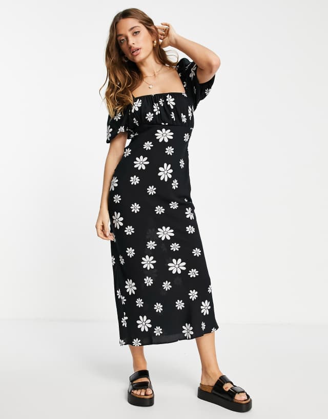 ASOS DESIGN square neck midi dress with elastic detail in mono daisy floral