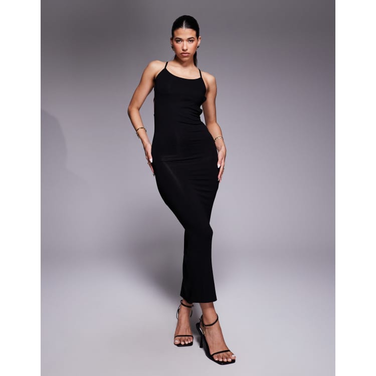 ASOS DESIGN square neck midi dress with open strappy back in black | ASOS