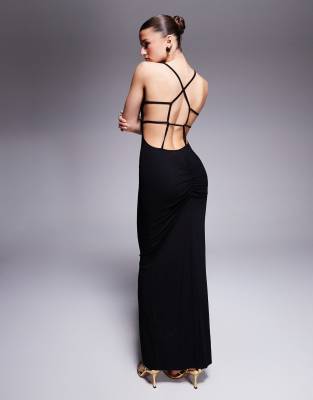 Asos Design Square Neck Midi Dress With Open Strappy Back In Black