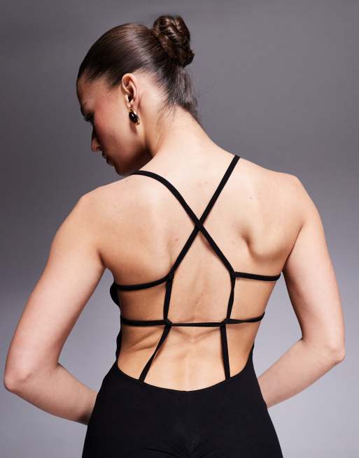 ASOS DESIGN square neck midi dress with open strappy back in black