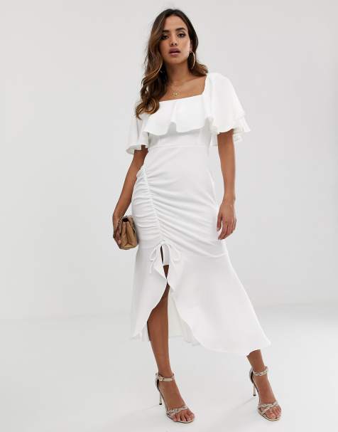 ASOS DESIGN square neck midi dress with ruched pep hem