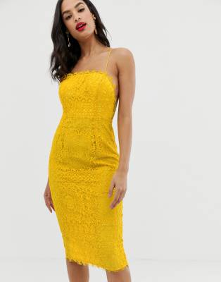 asos design square neck midi pencil dress in lace