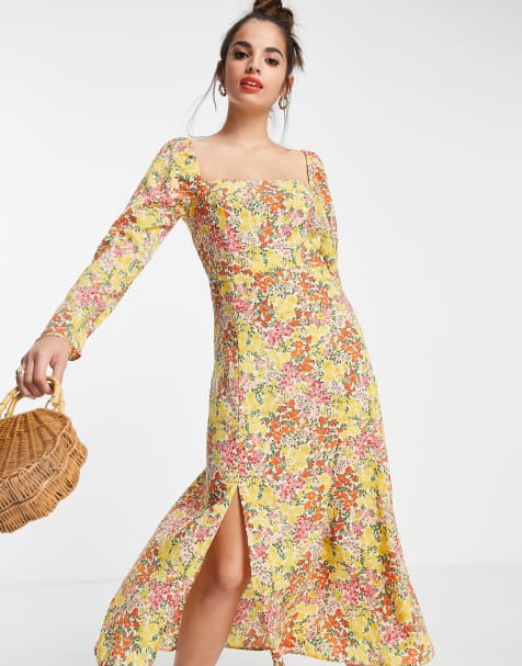 ASOS DESIGN square neck midi skater dress in cream floral print - view 1