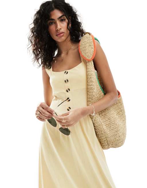 ASOS DESIGN square neck midi sundress with button detail in buttermilk, 3 of 4