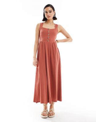 Asos Design Square Neck Midi Sundress With Button Detail In Terracotta-red In Brown