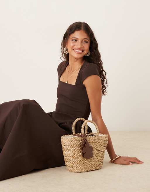 ASOS DESIGN - Robe d'été mi-longue à encolure carrée et mancherons - Chocolat