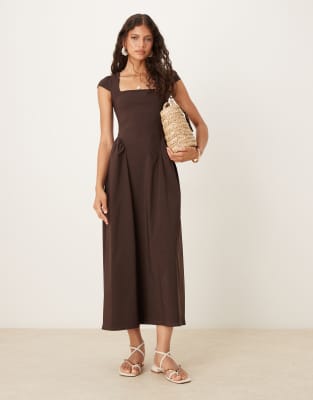 Asos Design Square Neck Midi Sundress With Cap Sleeves In Brown