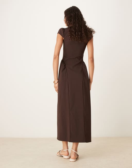 ASOS DESIGN square neck midi sundress with cap sleeves in chocolate