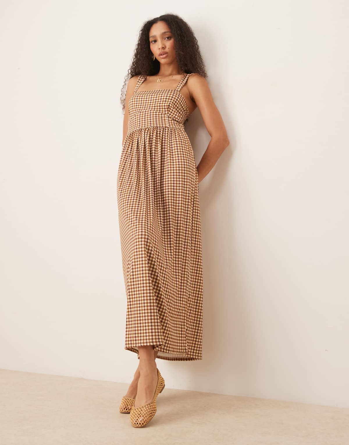 ASOS DESIGN square neck milkmaid midi in gingham print