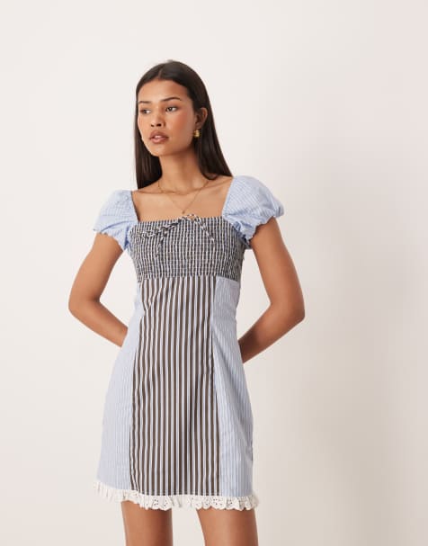 ASOS DESIGN square neck mini dress in mixed blue stripe - view 1