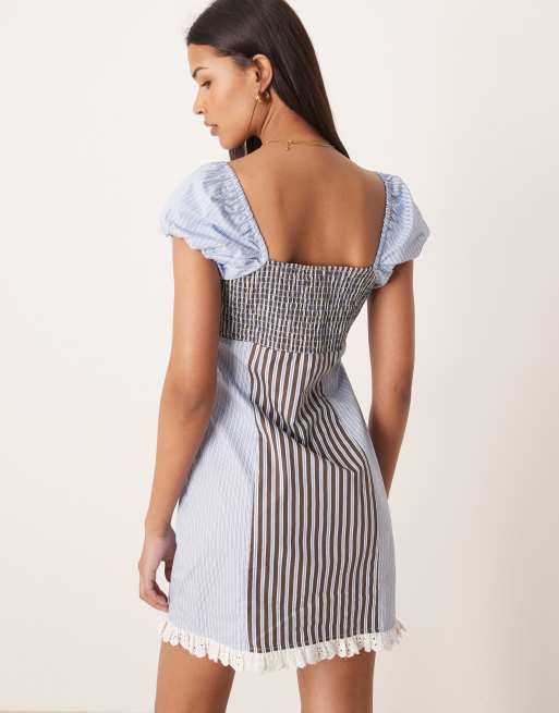 ASOS DESIGN square neck mini dress in mixed blue stripes, 3 of 4