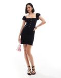 [ASOS DESIGN] ASOS DESIGN square neck mini dress with puff sleeve and button front in black 10 BLACK