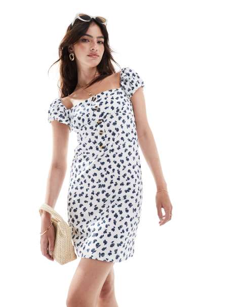 ASOS DESIGN square neck mini dress with puff sleeve and button front in white floral print - view 1