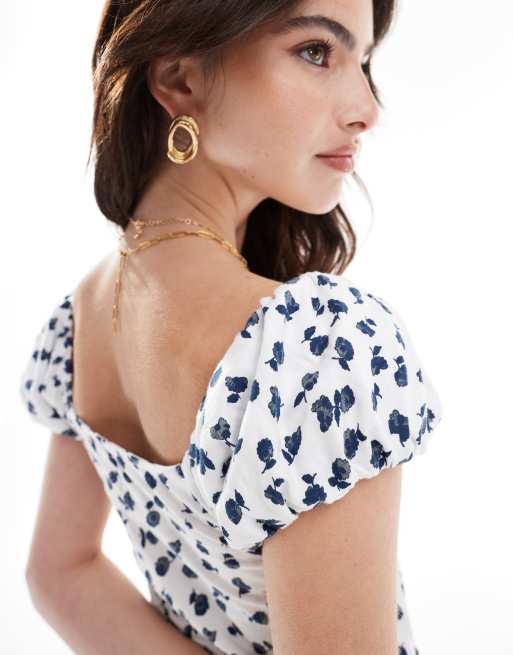 ASOS DESIGN square neck mini dress with puff sleeve and button front in white floral print