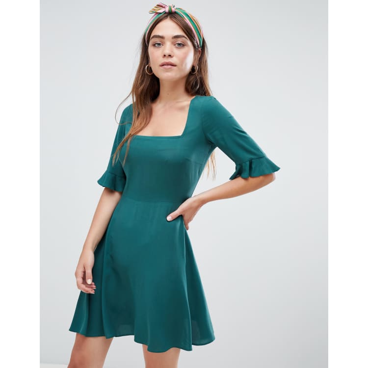 asos mini skater dress ASOS DESIGN ribbed fluted sleeve skater mini dress with seam details in  black