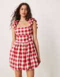 [ASOS DESIGN] ASOS DESIGN square neck mini smock dress with bubble hem in red gingham-Multi 14 Red Gingham