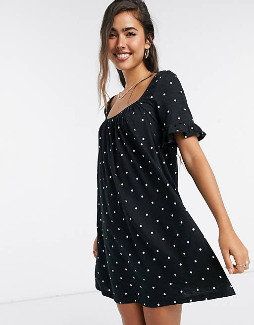 Dresses square neck mini smock dress with frill sleeve in black spot print 