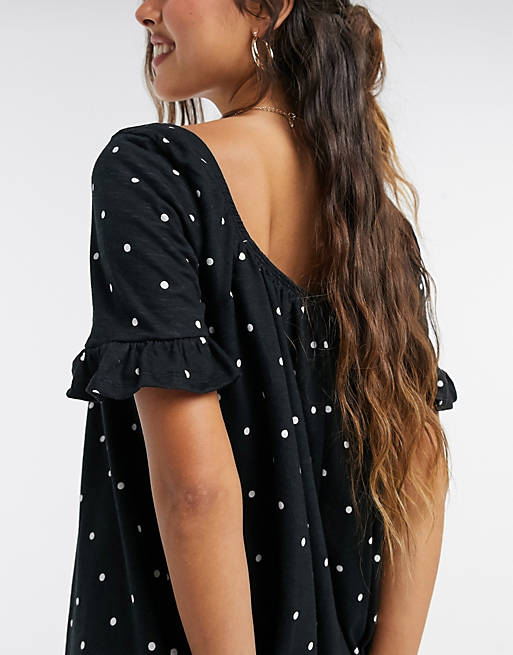 Dresses square neck mini smock dress with frill sleeve in black spot print 