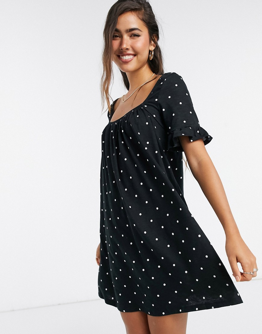 ASOS DESIGN square neck mini smock dress with ruffle sleeve in black spot print